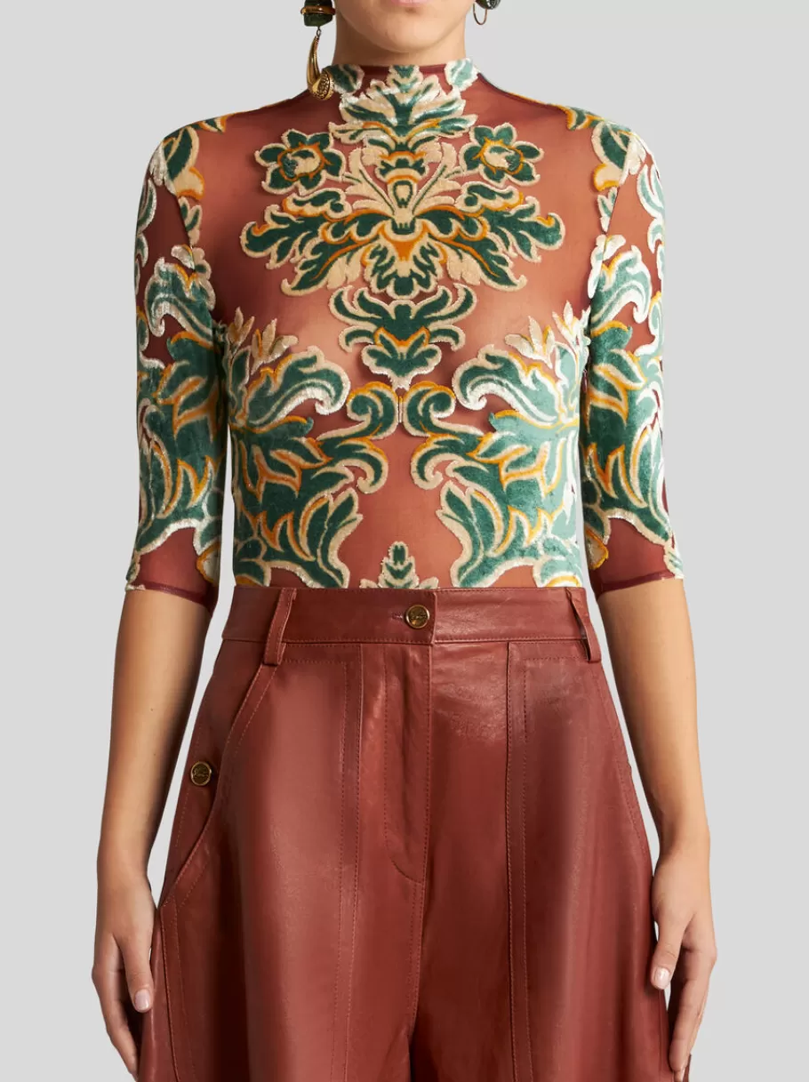 Tops^ETRO BODY EN TULLE ET VELOURS JACQUARD BORDEAUX