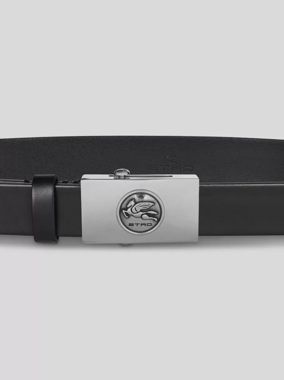 Ceintures^ETRO CEINTURE EN CUIR AVEC PEGASO NOIR