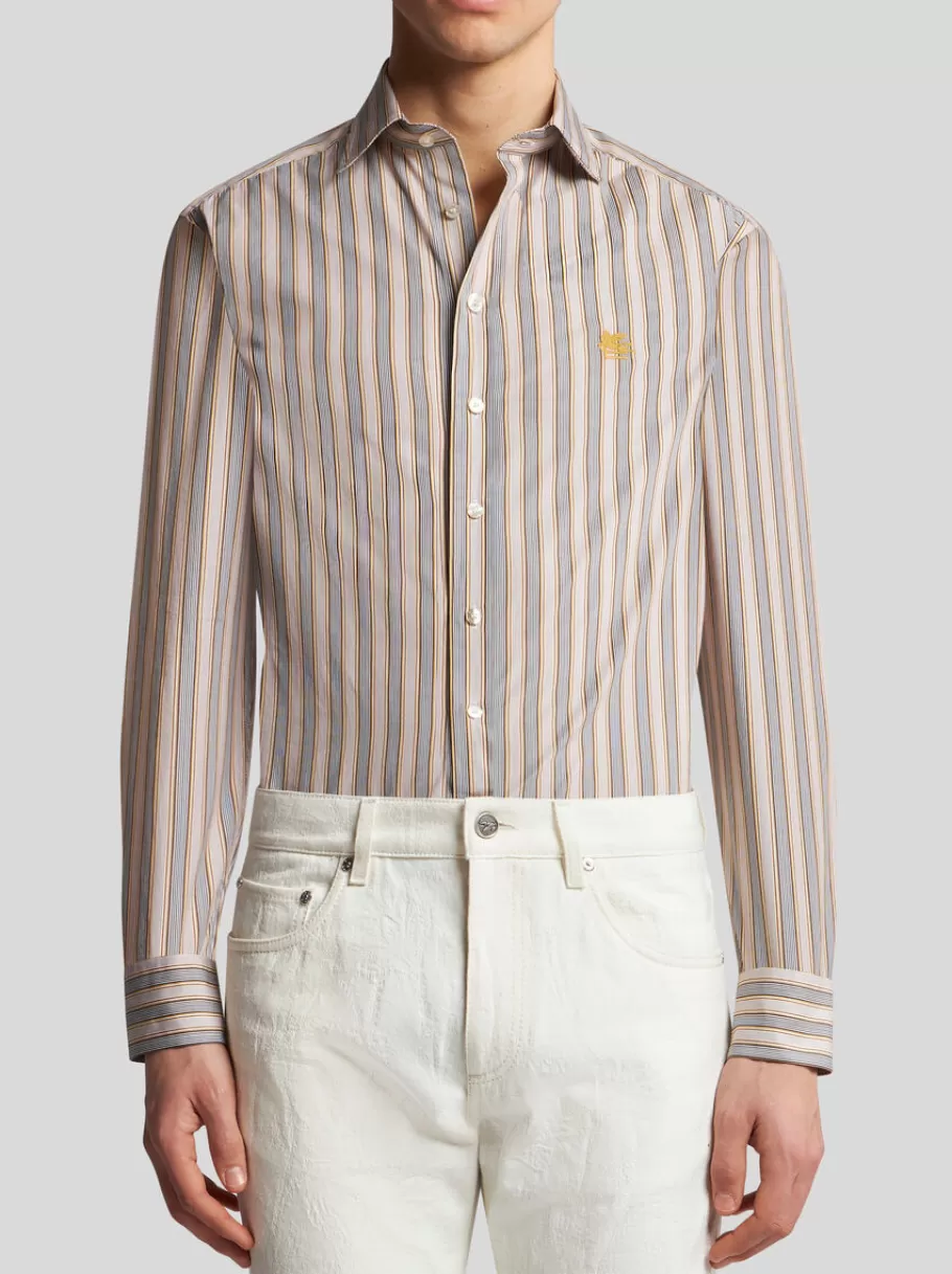 Chemises^ETRO CHEMISE À RAYURES AVEC PEGASO BEIGE