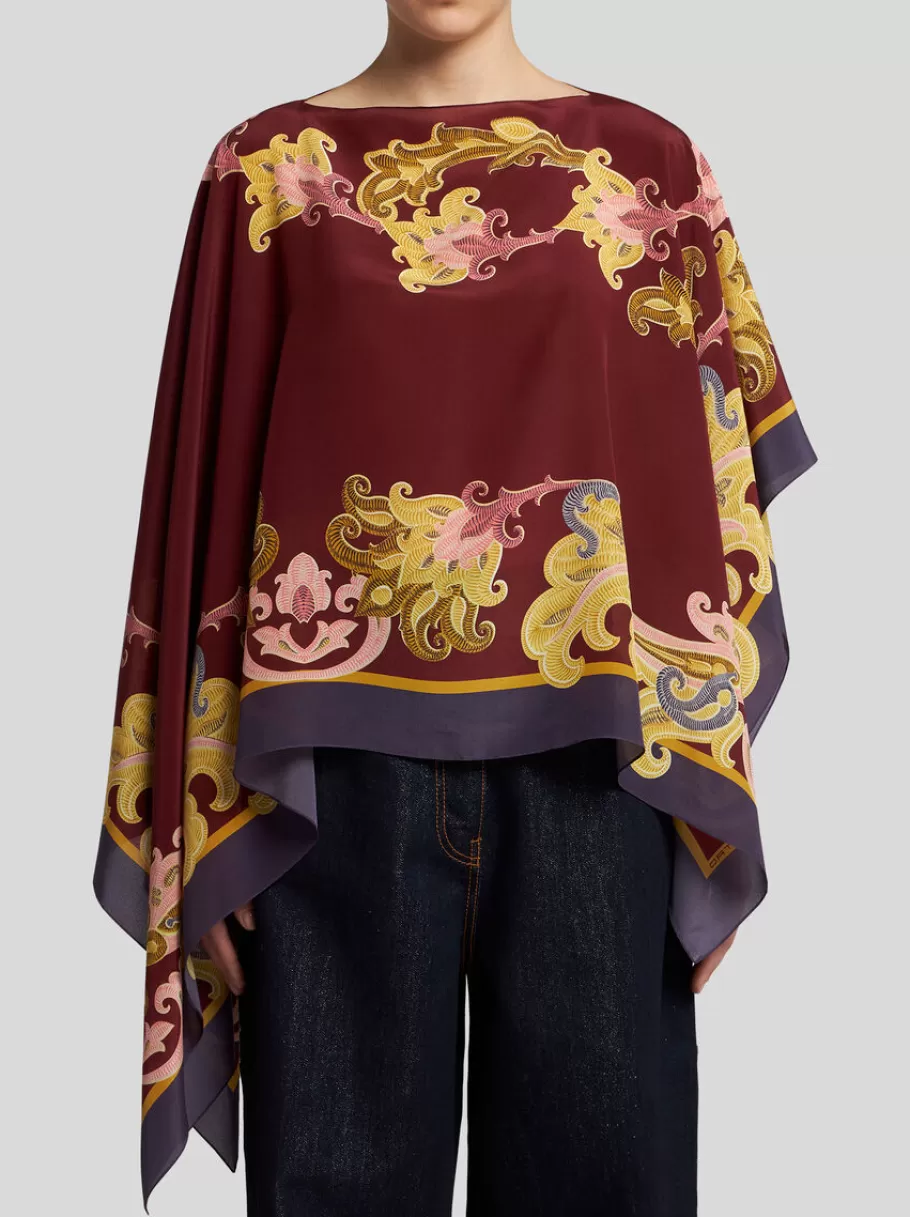 Capes Et Ponchos^ETRO PONCHO EN SOIE IMPRIMÉE BORDEAUX